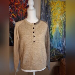Heartloom Tan and Gray Buttoned Crewneck Sweater